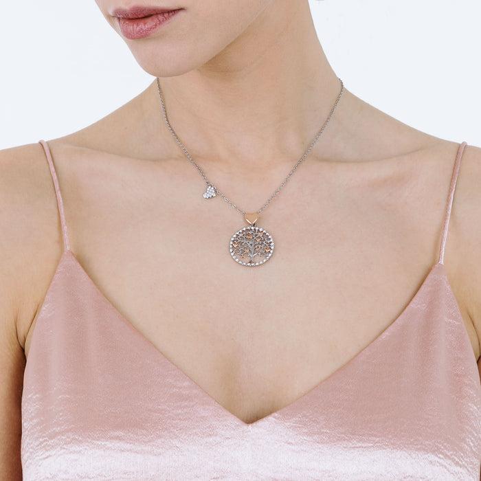 COLLIER FEMME EN ACIER, ARBRE DE VIE AVEC COEURS ROSES
