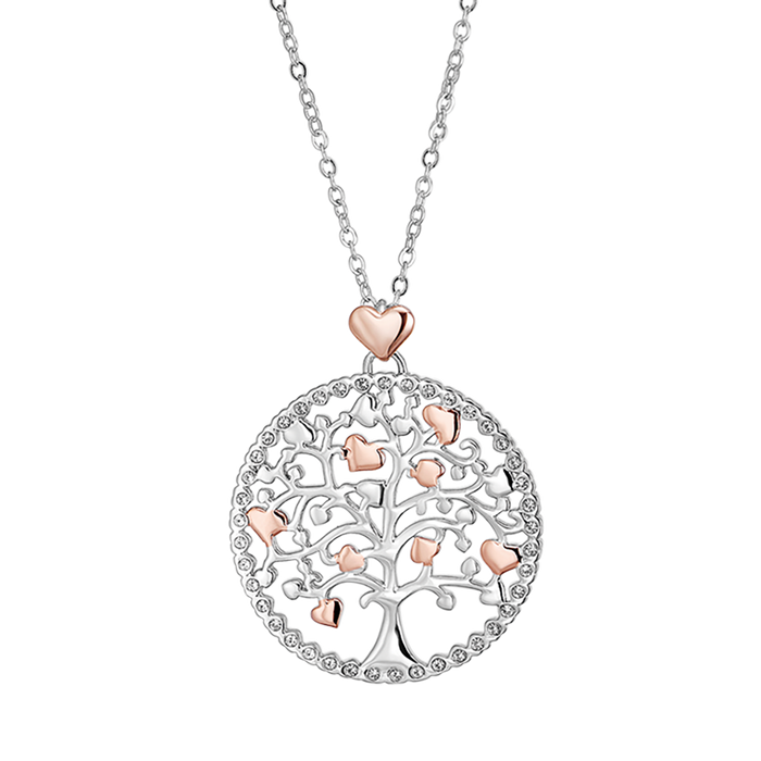 COLLIER FEMME EN ACIER, ARBRE DE VIE AVEC COEURS ROSES