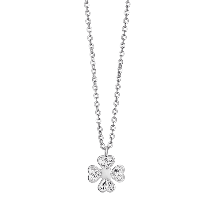 COLLIER FEMME EN ACIER AVEC TRÈFLE À QUATRE FEUILLES ET CRISTAUX BLANCS