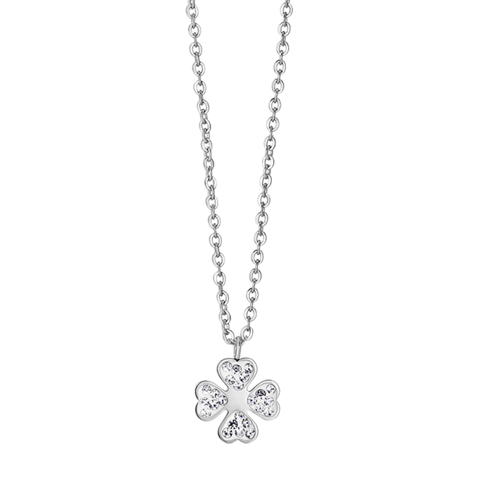 COLLIER FEMME EN ACIER AVEC TRÈFLE À QUATRE FEUILLES ET CRISTAUX BLANCS
