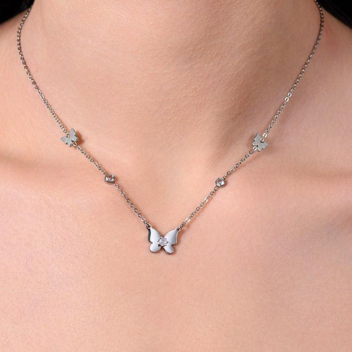 WOMEN'S STEEL NECKLACE WITH BUTTERFLIES AND ZIRCONIA