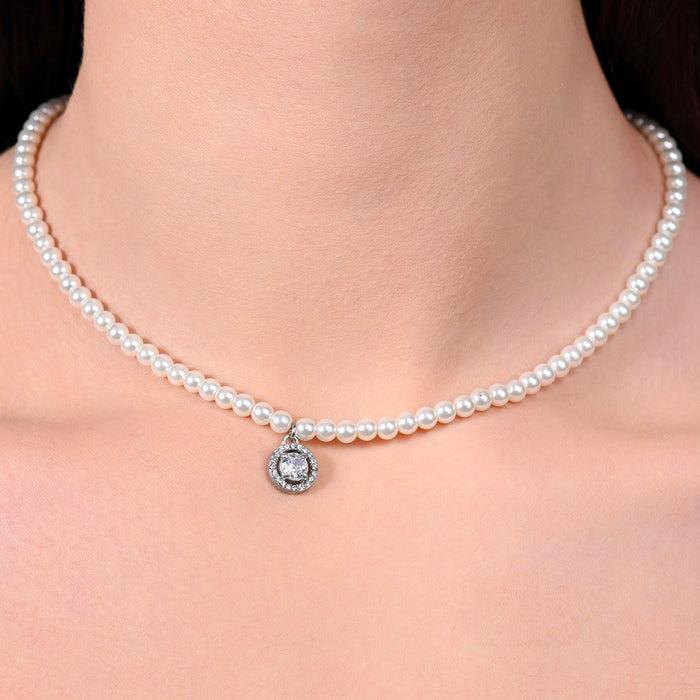 WOMEN'S NECKLACE IN STEEL, PEARLS AND WHITE ZIRCON