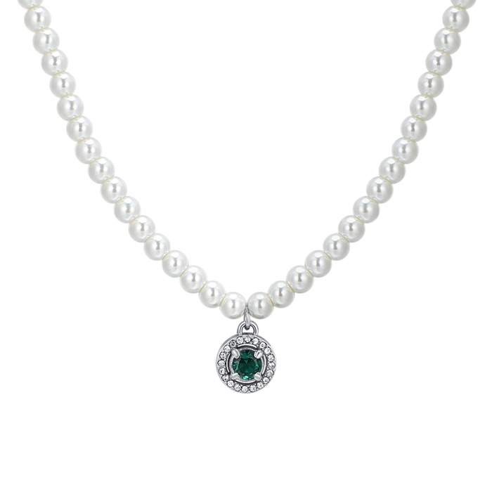 WOMEN'S NECKLACE IN STEEL, PEARLS AND GREEN ZIRCON