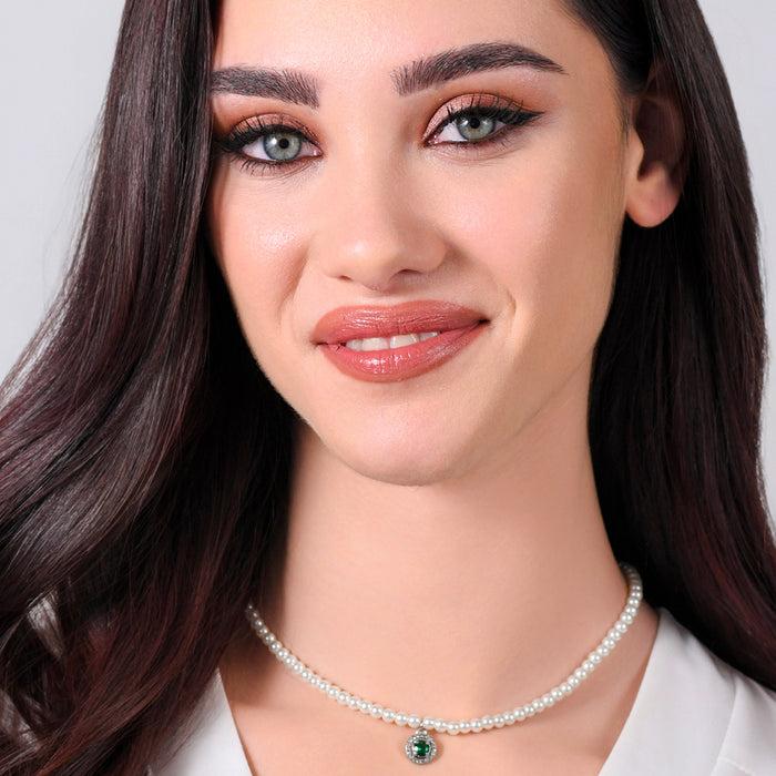 WOMEN'S NECKLACE IN STEEL, PEARLS AND GREEN ZIRCON