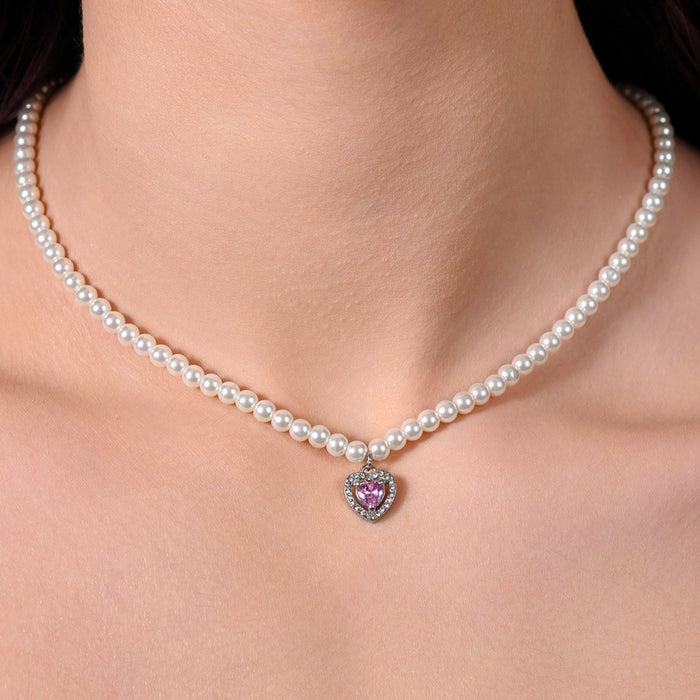 WOMEN'S NECKLACE IN STEEL WITH PEARLS AND PINK ZIRCON HEART