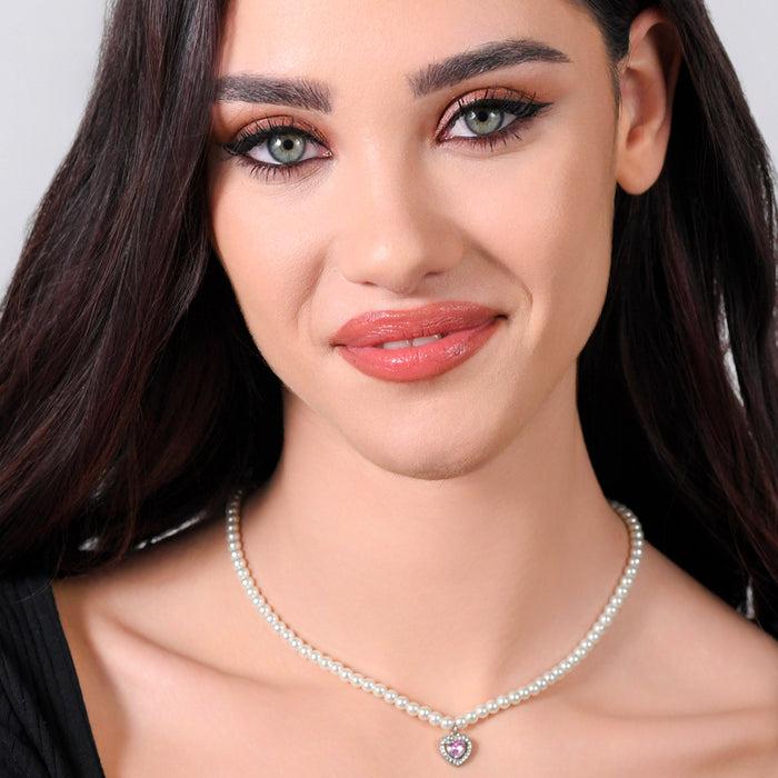 WOMEN'S NECKLACE IN STEEL WITH PEARLS AND PINK ZIRCON HEART