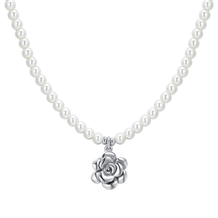 COLLIER FEMME EN PERLES D'ACIER ET ROSE D'ACIER