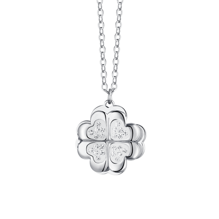 COLLIER EN ACIER POUR FEMME AVEC TRÈFLE À QUATRE FEUILLES TOURNANT