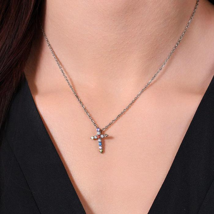 WOMEN'S NECKLACE IN STEEL WITH MULTICOLOR ZIRCON CROSS