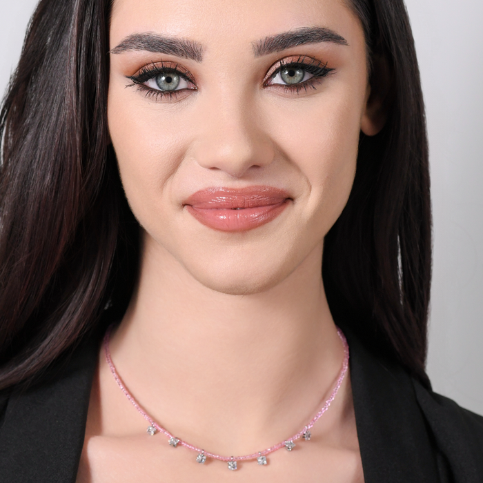 COLLIER FEMME EN ACIER AVEC CRISTAUX ROSES ET ZIRCONES BLANCHES