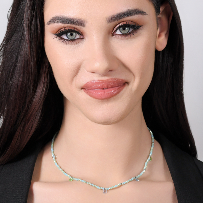 COLLIER FEMME EN ACIER AVEC PIERRES VERT D'EAU ET CRISTAUX