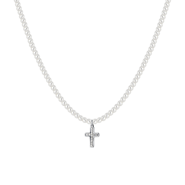 COLLIER FEMME EN ACIER AVEC PERLES ET CROIX