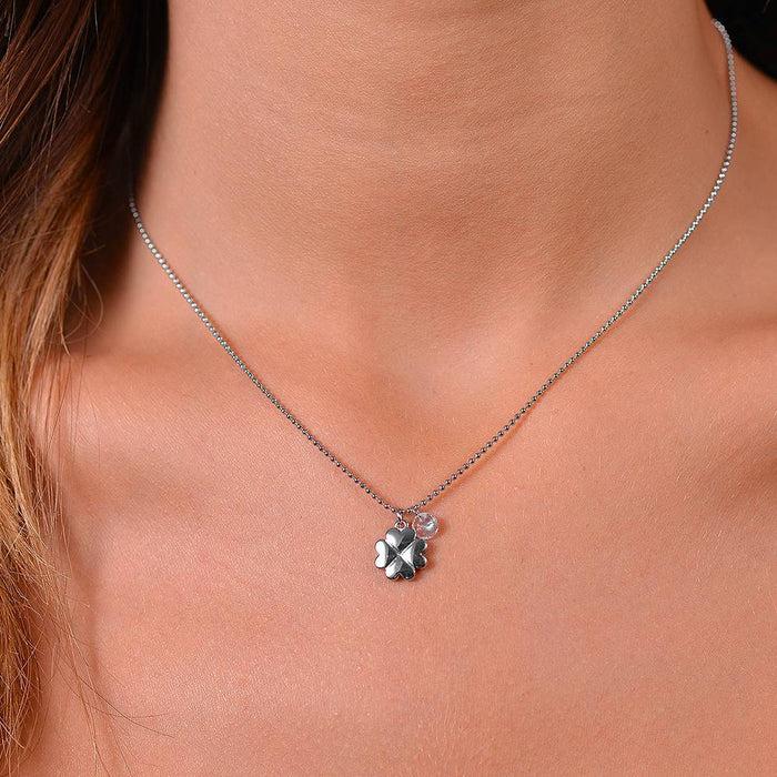 COLLIER FEMME EN ACIER AVEC TRÈFLE À QUATRE FEUILLES ET ZIRCON