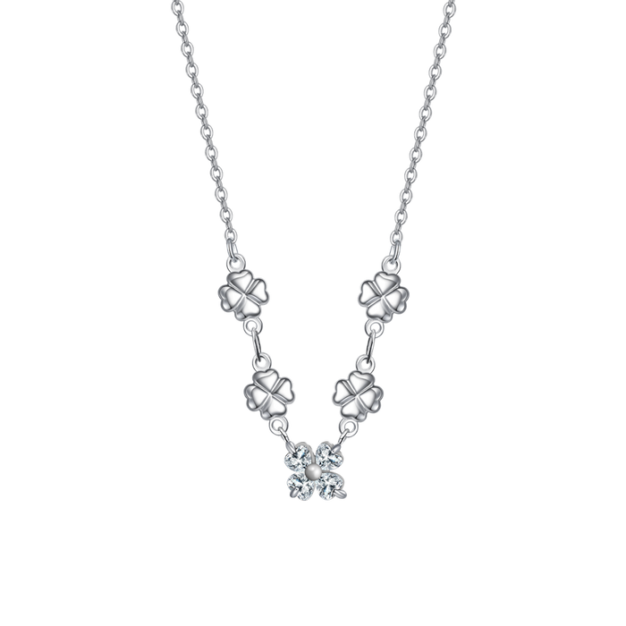 COLLANA IN ACCIAO CON QUADRIFOGLI E ZIRCONI BIANCHI