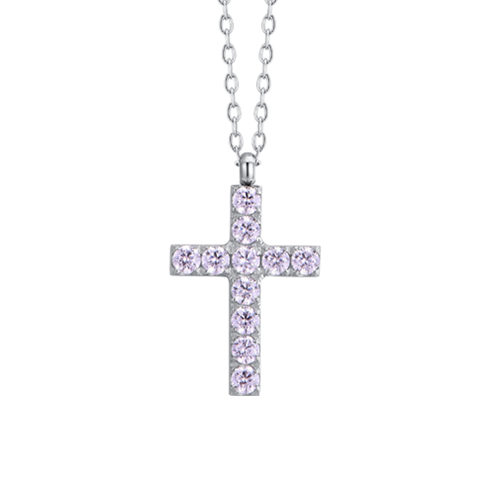 COLLANA DONNA IN ACCIAIO CON CROCE E ZIRCONI ROSA