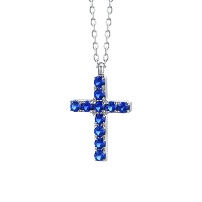 COLLANA DONNA IN ACCIAIO CON CROCE E ZIRCONI BLU