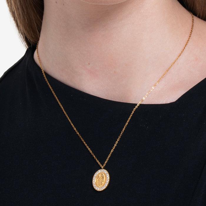 COLLANA DONNA IN ACCIAIO IP GOLD, MADONNINA MIRACOLOSA E ZIRCONI BIANCHI