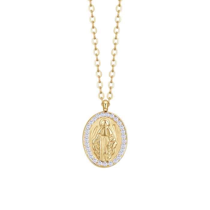 COLLANA DONNA IN ACCIAIO IP GOLD, MADONNINA MIRACOLOSA E ZIRCONI BIANCHI