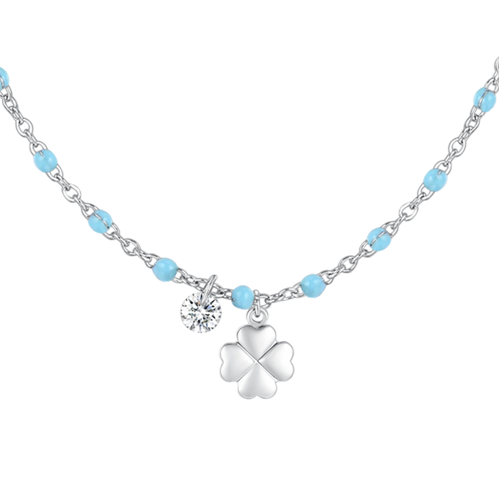 COLLANA DONNA IN ACCIAIO CON QUADRIFOGLIO,CRISTALLO E PIETRE CON SMALTO TURCHESE