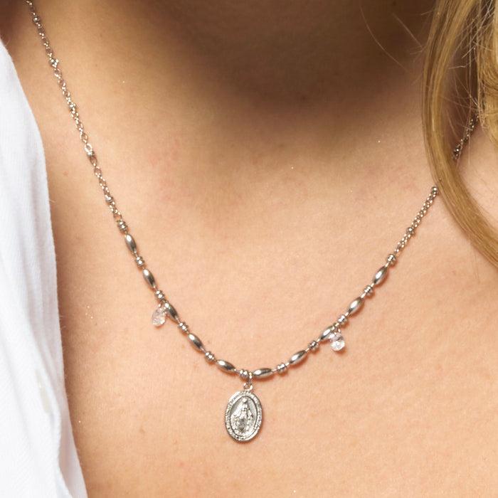 COLLANA DONNA IN ACCIAIO CON MADONNINA MIRACOLOSA E ZIRCONI BIANCHI