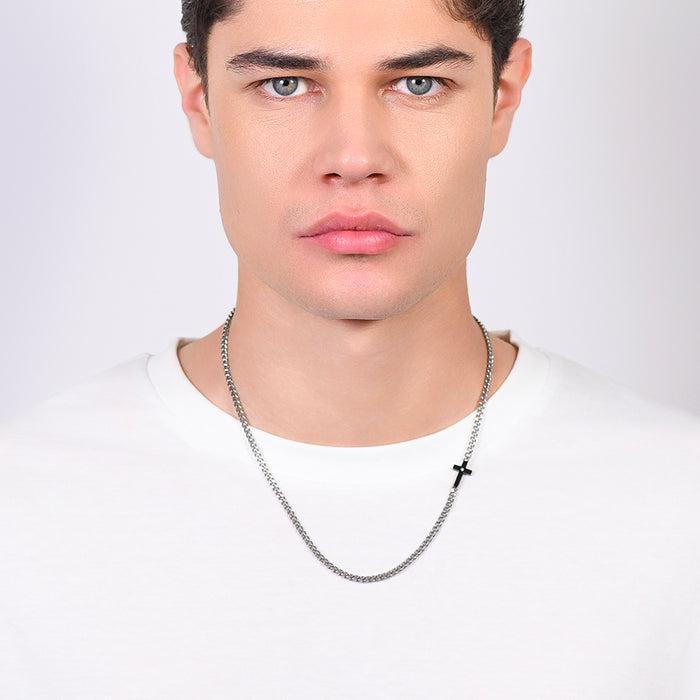MEN'S NECKLACE IN STEEL, IP BLACK CROSS AND WHITE ZIRCON