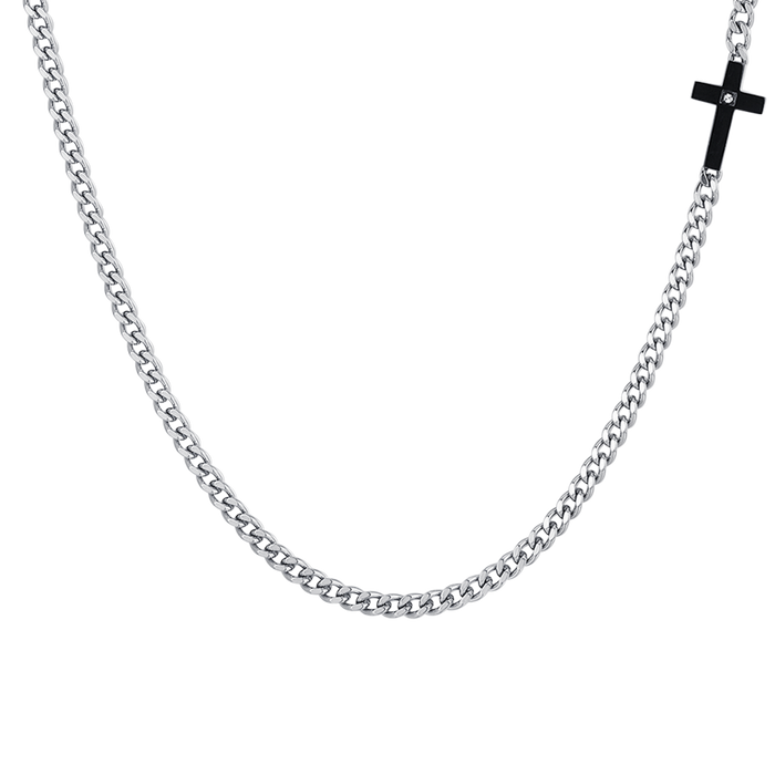 MEN'S NECKLACE IN STEEL, IP BLACK CROSS AND WHITE ZIRCON