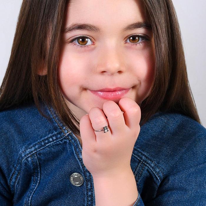 BAGUE EN ACIER POUR FILLE AVEC OURS EN PELUCHE ET CRISTAUX BLANCS