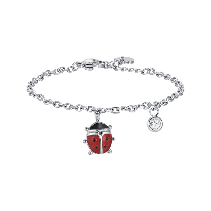 BRACELET FILLE EN ACIER AVEC COCCINELLE AVEC ÉMAIL ROUGE ET NOIR ET CRISTAL