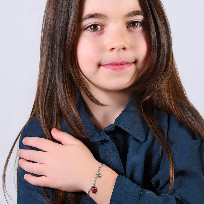 BRACELET FILLE EN ACIER AVEC COCCINELLE AVEC ÉMAIL ROUGE ET NOIR ET CRISTAL