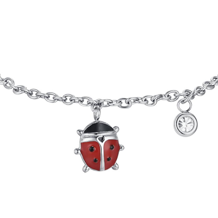 BRACELET FILLE EN ACIER AVEC COCCINELLE AVEC ÉMAIL ROUGE ET NOIR ET CRISTAL