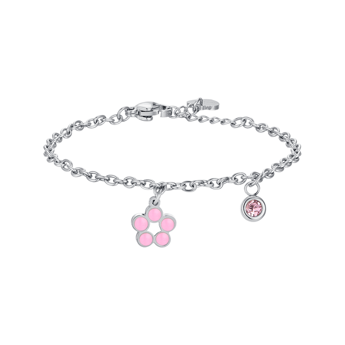 BRACELET FILLE EN ACIER AVEC FLEUR EN ÉMAIL ROSE ET BLANC ET CRISTAL