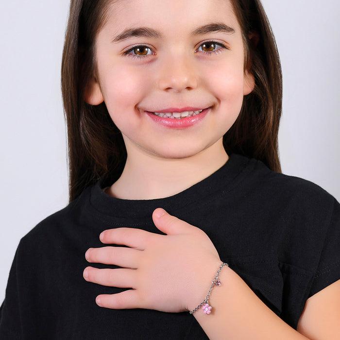 BRACELET FILLE EN ACIER AVEC FLEUR EN ÉMAIL ROSE ET BLANC ET CRISTAL