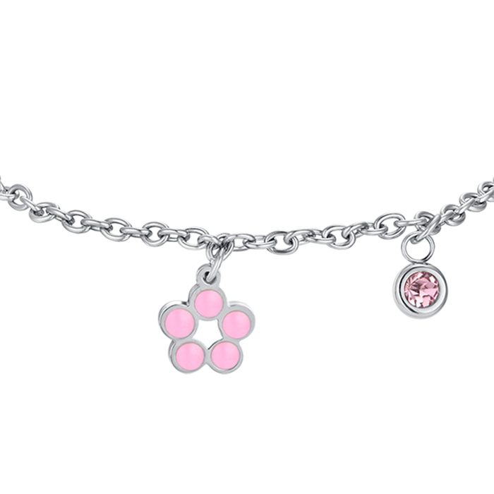 BRACELET FILLE EN ACIER AVEC FLEUR EN ÉMAIL ROSE ET BLANC ET CRISTAL