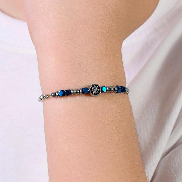 BRACELET ENFANT EN ACIER AVEC HÉMATITE BLEUE ET GOUVERNAIL