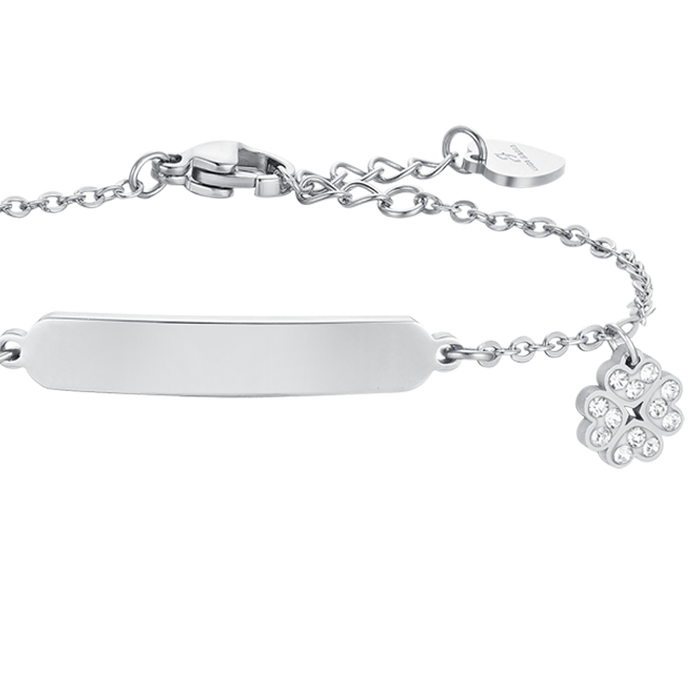 BRACELET FILLE EN ACIER AVEC TRÈFLE À QUATRE FEUILLES ET PLAQUE