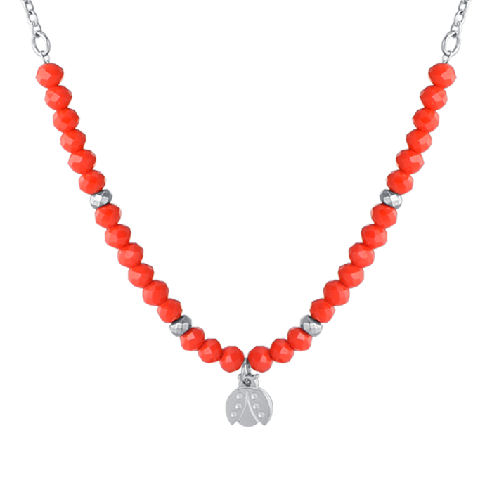 COLLIER FILLE EN ACIER AVEC PIERRES ROUGES ET COCCINELLE