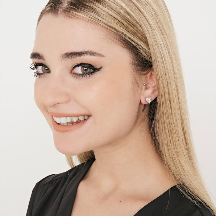 BOUCLES D'OREILLES FEMME EN ACIER AVEC CRISTAUX BLANCS EN FORME DE CŒUR