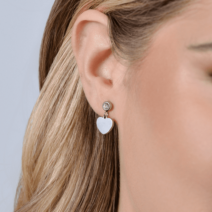 WOMEN'S STEEL EARRINGS WITH HEART AND WHITE ZIRCON
