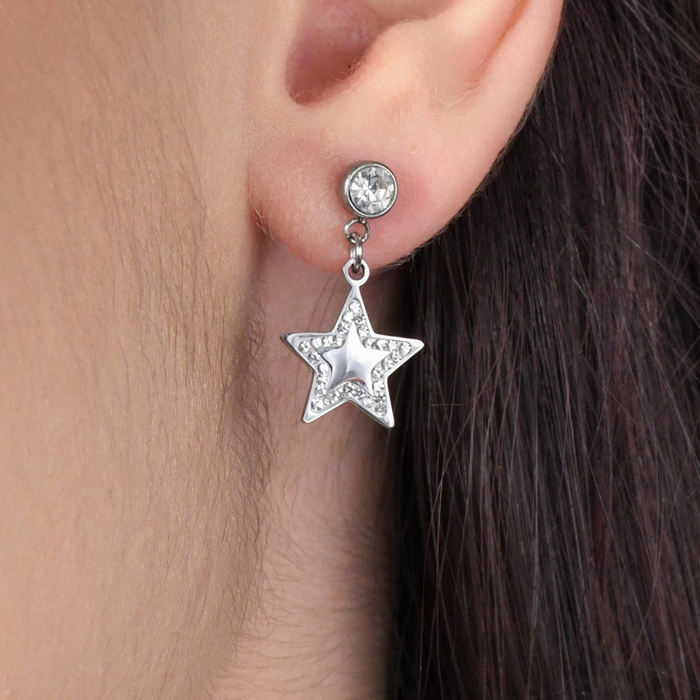 BOUCLES D'OREILLES FEMME EN ACIER ÉTOILE ET CRISTAUX