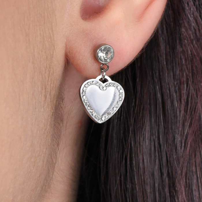 BOUCLES D'OREILLES FEMME EN ACIER COEUR ET CRISTAUX