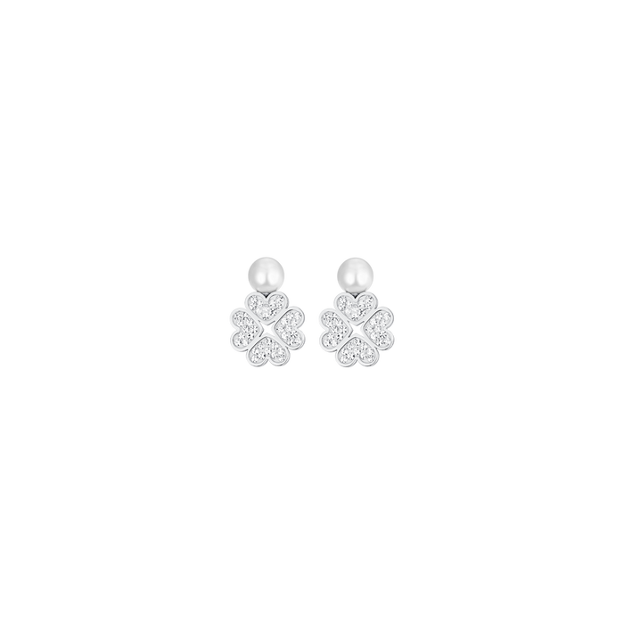 BOUCLES D'OREILLES FEMME EN ACIER AVEC PERLE ET TRÈFLE À QUATRE FEUILLES