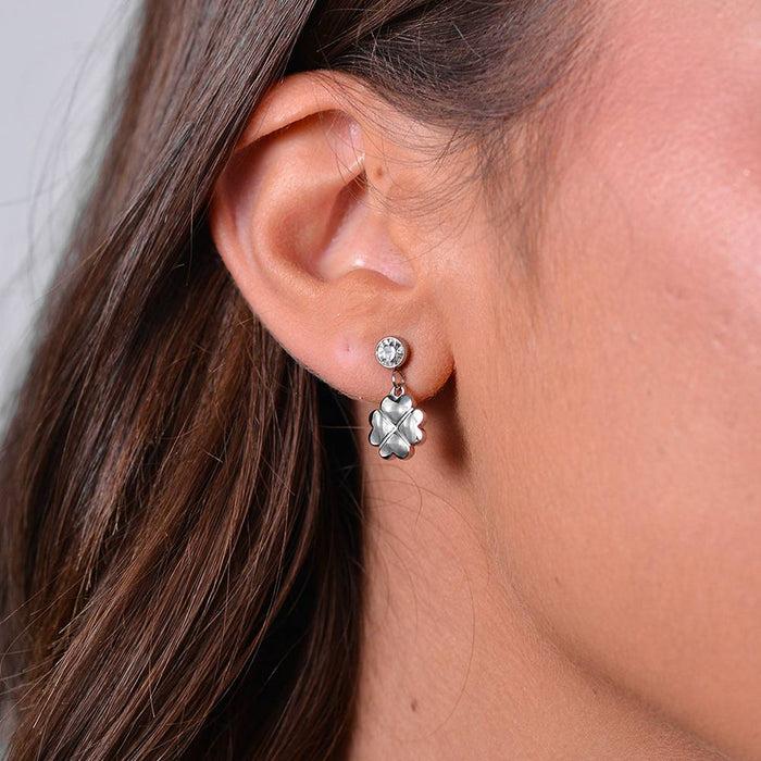 BOUCLES D'OREILLES FEMME EN ACIER TRÈFLE À QUATRE FEUILLES ET ZIRCON