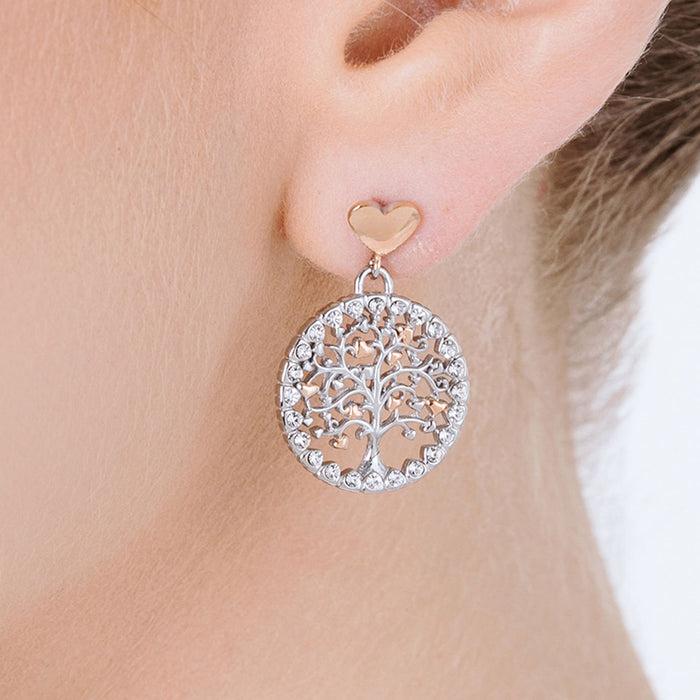 BOUCLES D'OREILLES FEMME EN ACIER ARBRE DE VIE AVEC CRISTAUX BLANCS ET COEURS IP RO