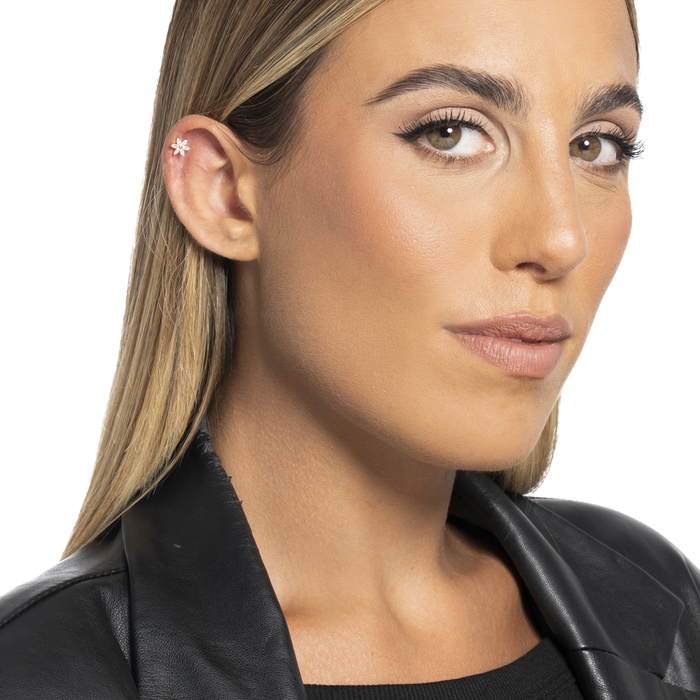 PIERCING ORECCHIO DONNA IN ACCIAIO COLORE ORO FIORE PETALI ZIRCONI BIANCHI