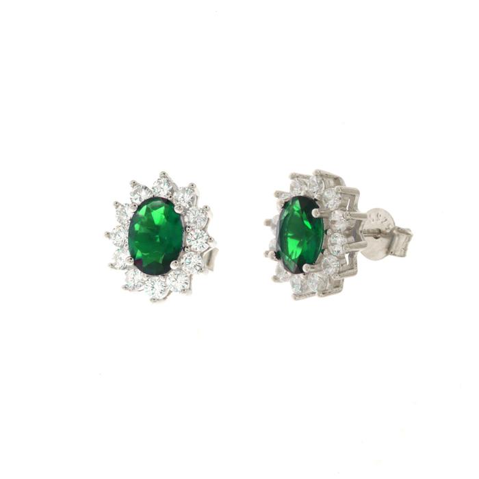 Orecchini in Argento 925 con zirconi bianchi e zircone centrale effetto verde smeraldo
