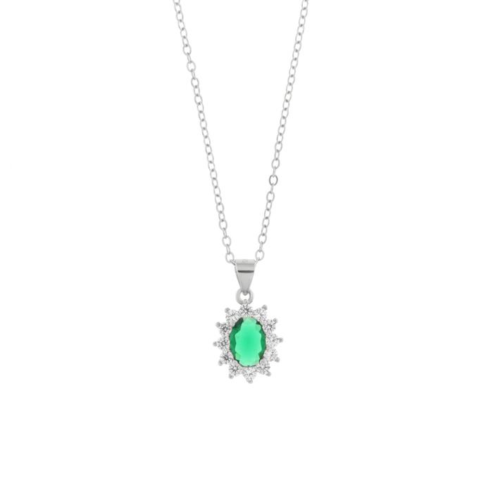 Collana in Argento 925 con zirconi bianchi e zircone centrale verde