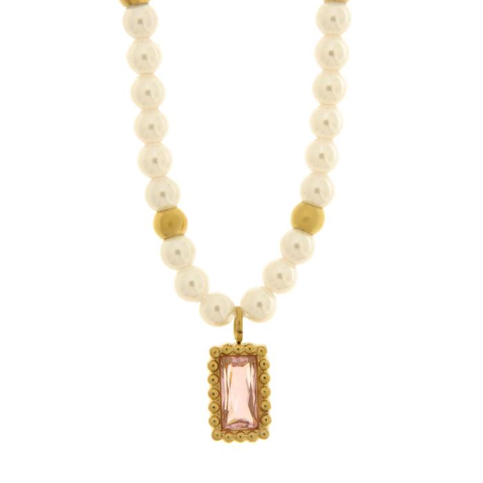 Collana in Acciaio con giro di perle e cristallo rettangolare rosa