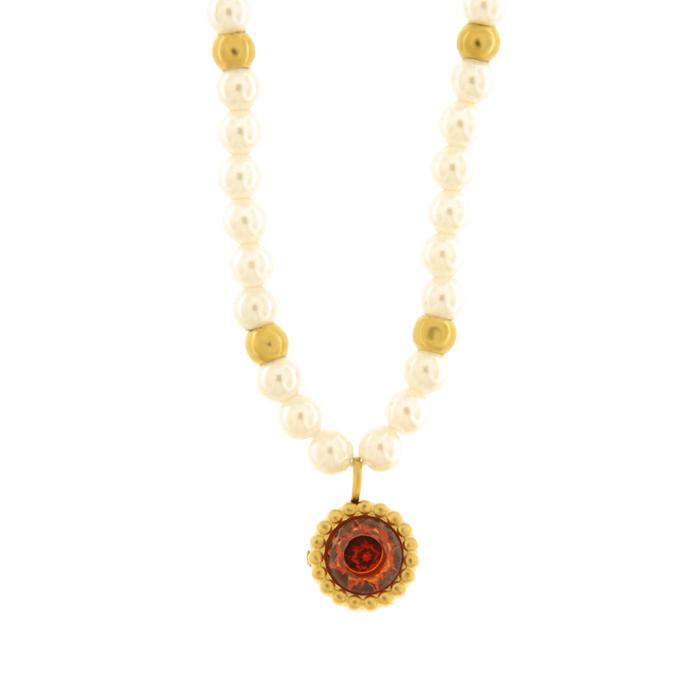 Collana in Acciaio con giro di perle e cristallo rosso