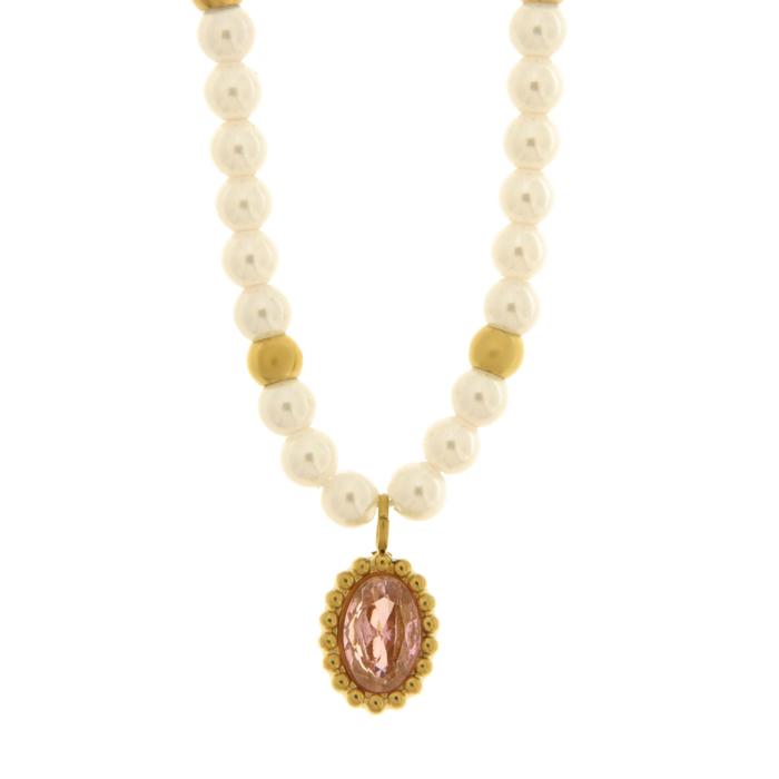 Collana in Acciaio con giro di perle e cristallo ovale rosa