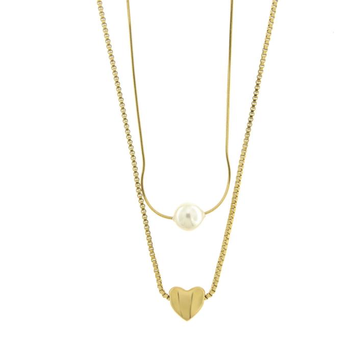 Collana in Acciaio doppia catena con perla e cuore